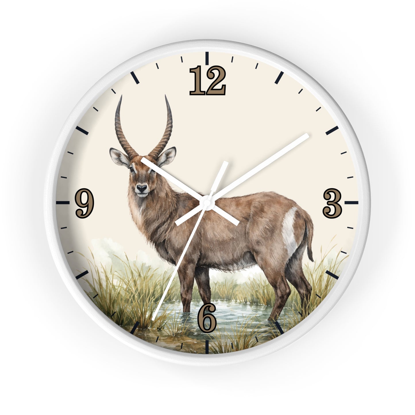 Round wall clock with a white frame and a printed animal illustration of a brown antelope standing in water, with black numerals and hands on a light cream face.