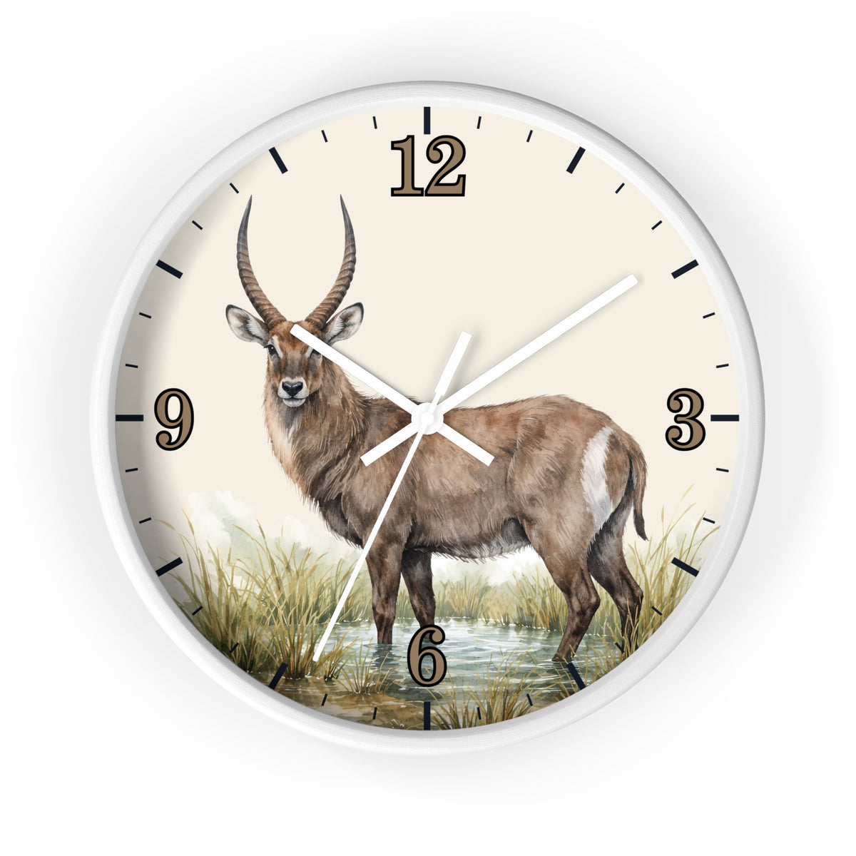 Round wall clock with a white frame and a printed animal illustration of a brown antelope standing in water, with black numerals and hands on a light cream face.