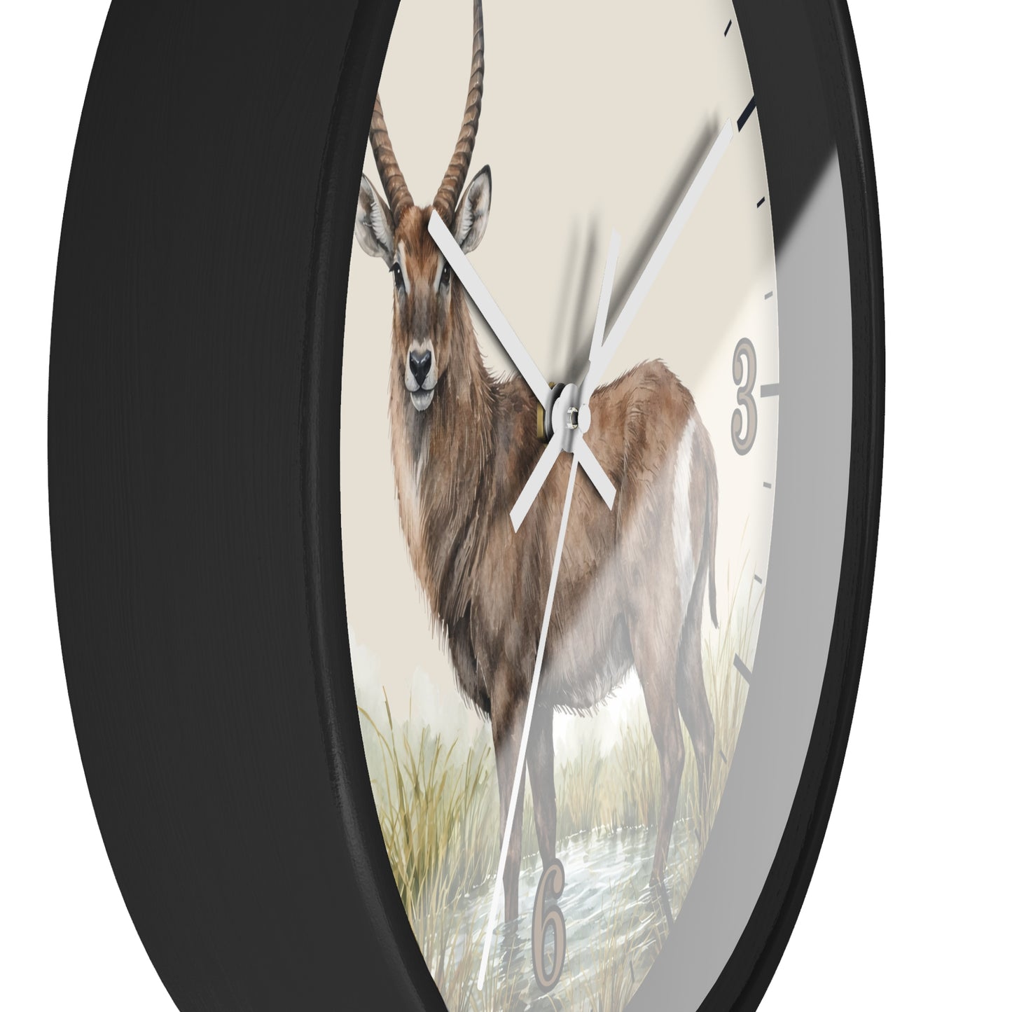 A round wall clock with a black frame and a printed illustration of a brown antelope standing in water, shown against a plain white background.