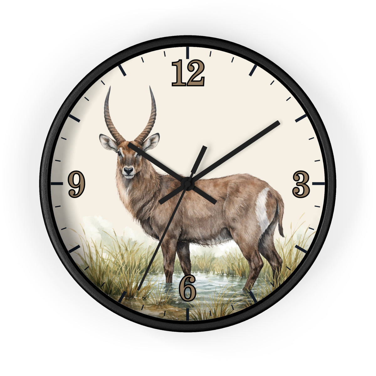 A round wall clock with a black frame and a cream-colored face featuring a detailed illustration of a waterbuck standing in grassy terrain. The clock has black hour and minute hands and black numerals from 1 to 9, with the 12 positioned at the top.
