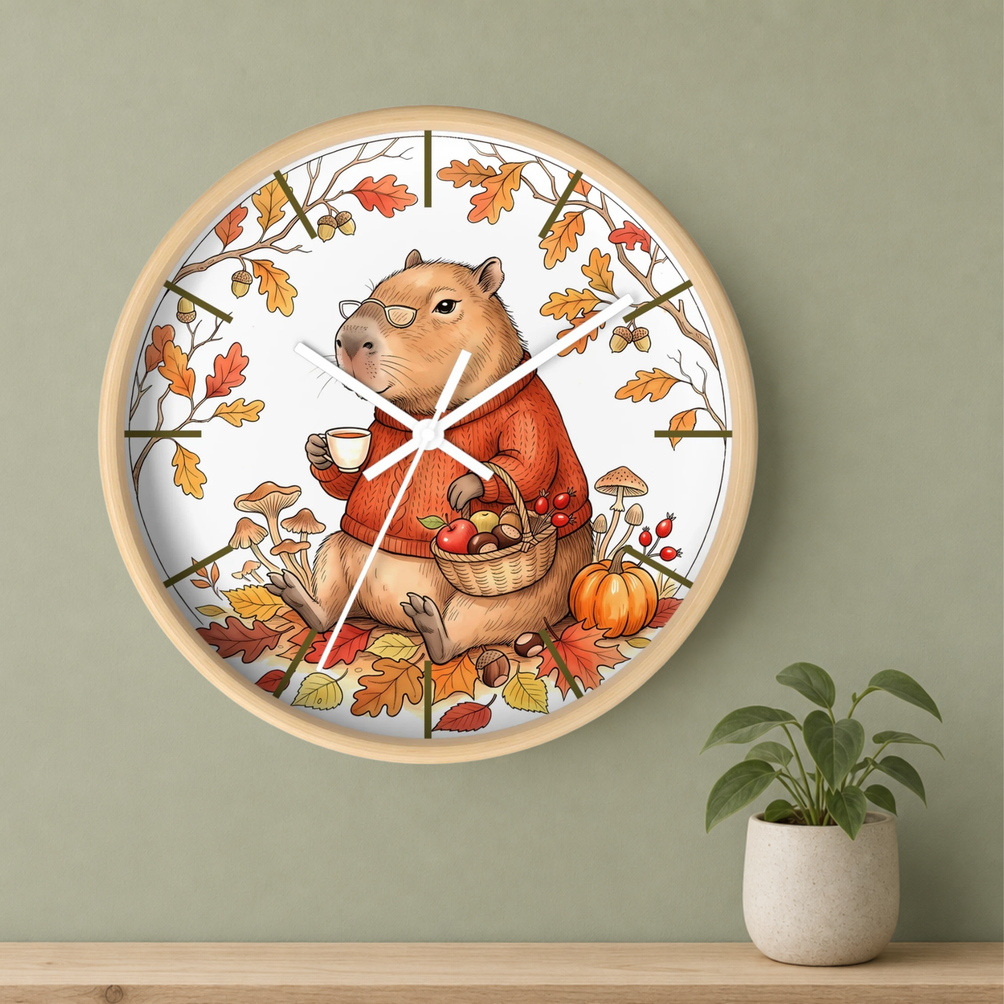 A round wall clock with a light wood frame and a whimsical autumn illustration of a beaver wearing glasses and an orange sweater, holding a mug and a basket of mushrooms, surrounded by fall leaves and pumpkins. The clock is mounted on a sage green wall above a wooden shelf with a small potted plant.