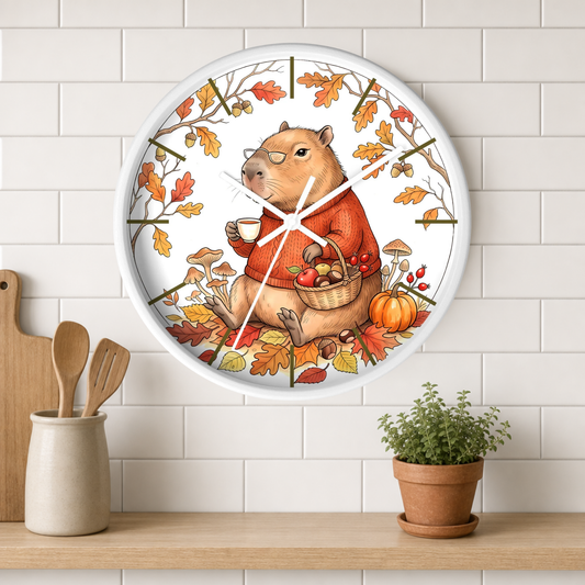 A round wall clock with a white frame hangs on a white subway-tile kitchen wall above a wooden shelf. The clock face features a detailed illustration of a capybara wearing an orange sweater and holding a mug, surrounded by autumn leaves, acorns, mushrooms, and a pumpkin.