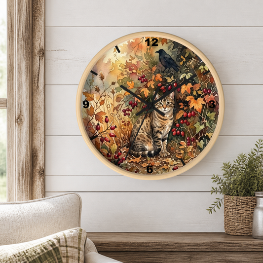 A round wall clock with a light wood frame hangs on a white shiplap wall above a wooden mantel. The clock face features a detailed autumn illustration with a tabby cat, a crow, and colorful fall leaves and berries.