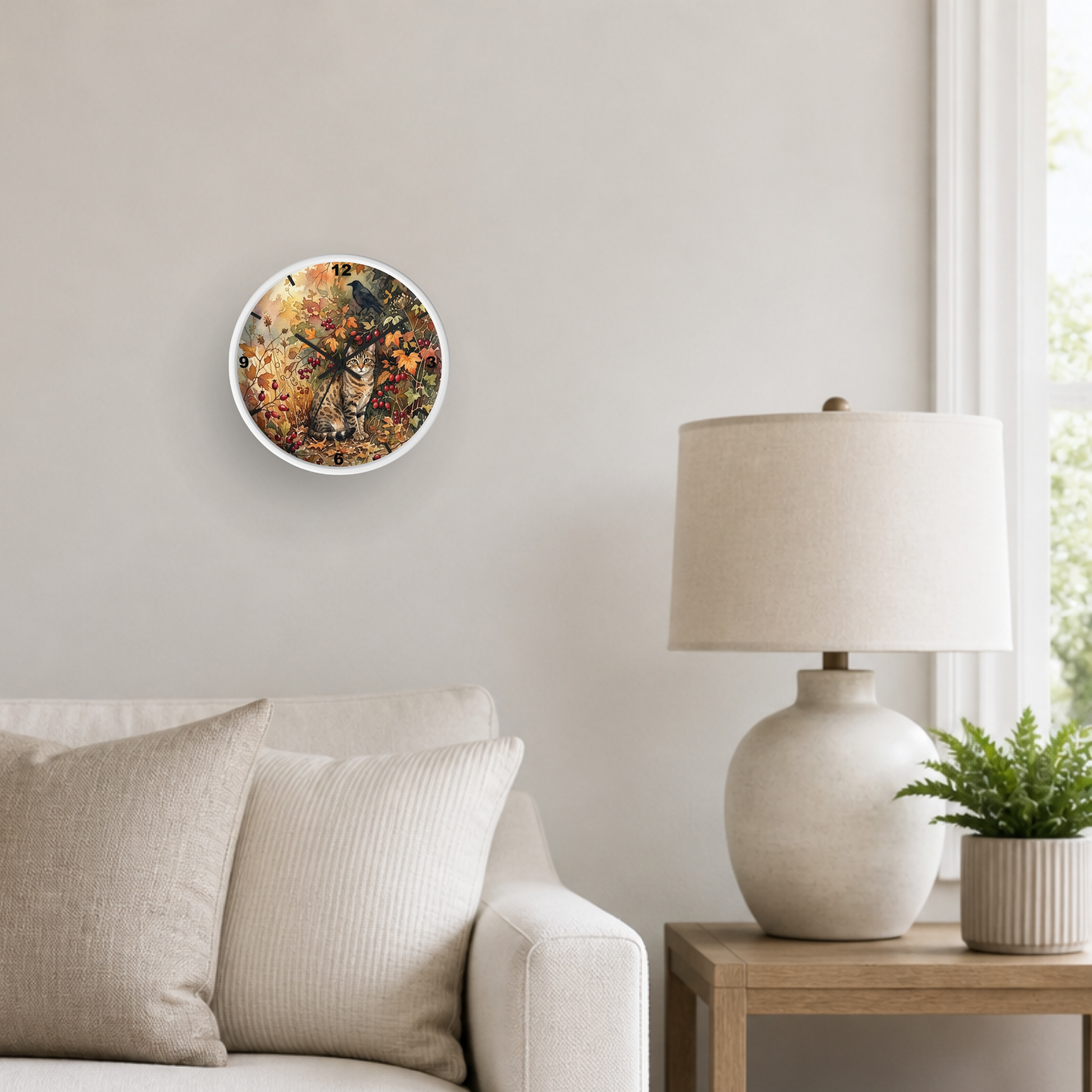 A round wall clock with a colorful autumn cat illustration hangs on a light beige wall in a styled living room setting next to a white table lamp and a small potted plant.