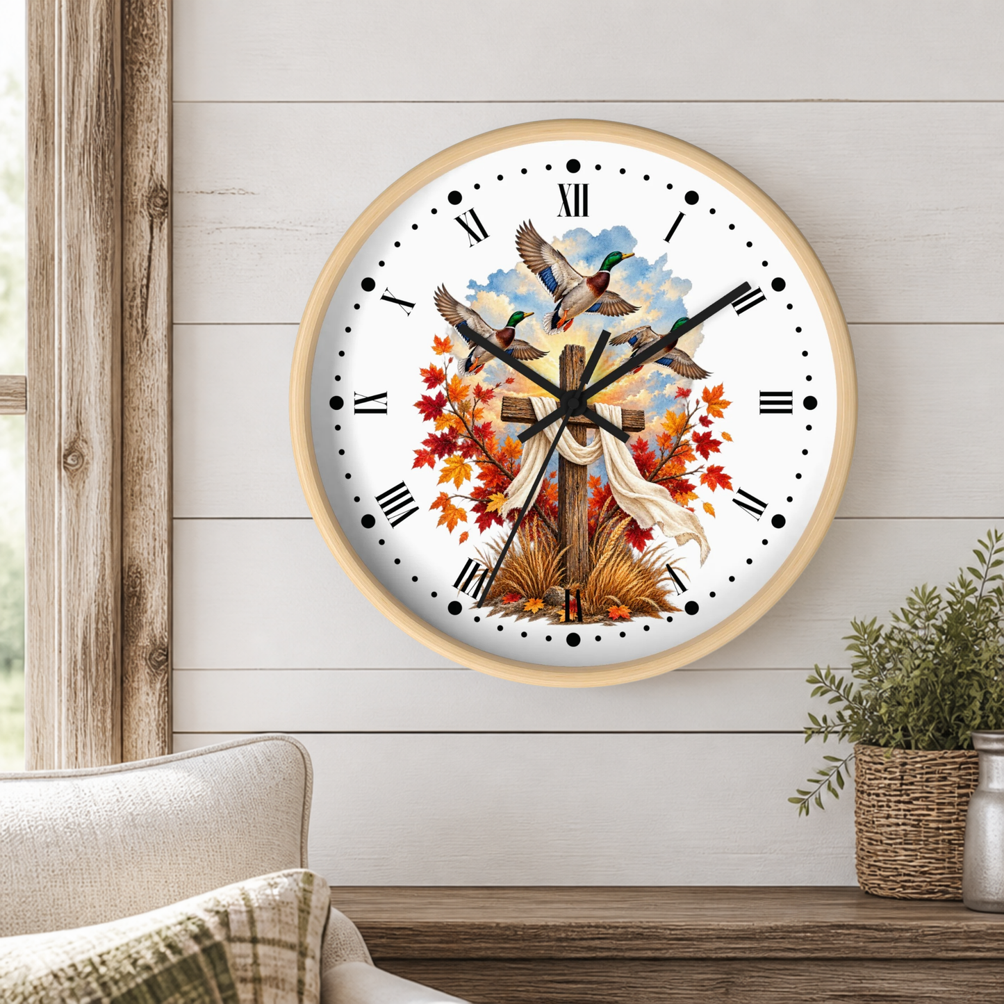Autumn Cross Wall Clock — Faith Decor with Flying Ducks & Fall Leaves