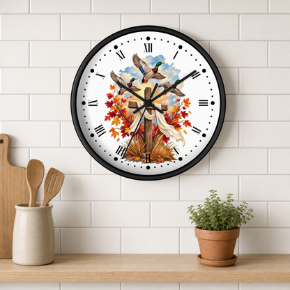 Autumn Cross Wall Clock — Faith Decor with Flying Ducks & Fall Leaves