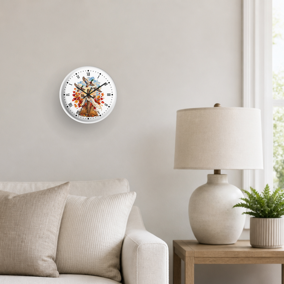 Autumn Cross Wall Clock — Faith Decor with Flying Ducks & Fall Leaves