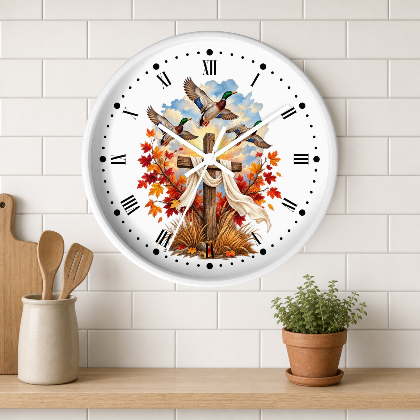 Autumn Cross Wall Clock — Faith Decor with Flying Ducks & Fall Leaves
