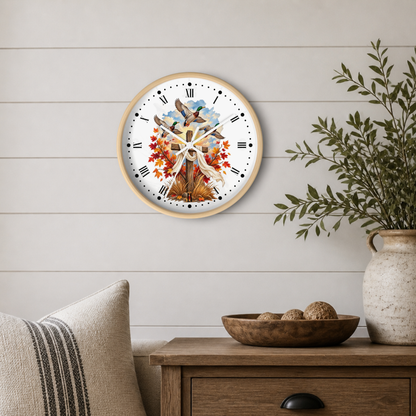 Autumn Cross Wall Clock — Faith Decor with Flying Ducks & Fall Leaves