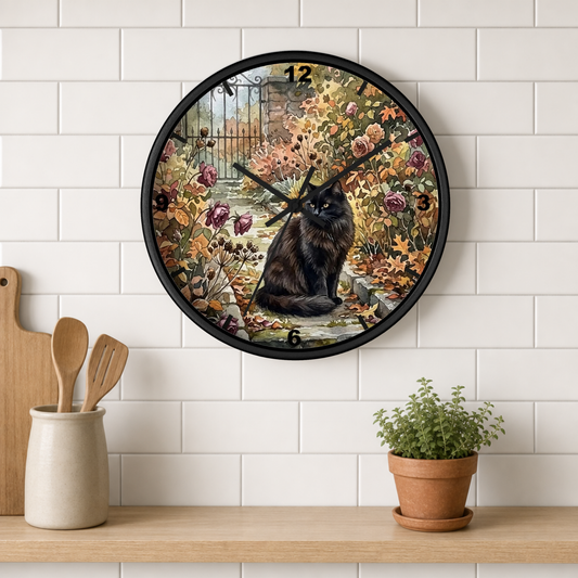 Autumn Garden Black Cat Wall Clock — Vintage Floral Cat Decor