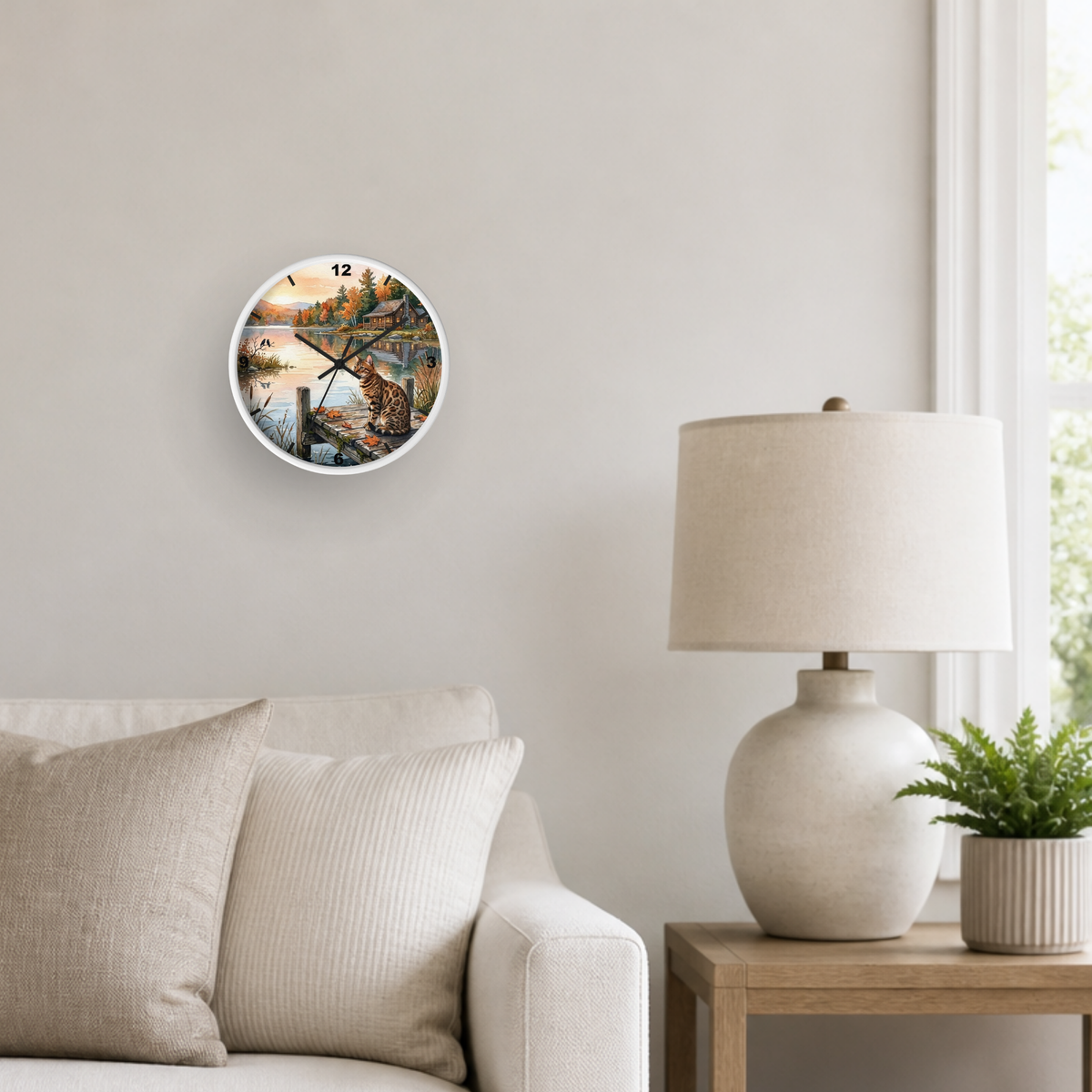 A round wall clock with a scenic landscape print is mounted on a light beige wall in a living room setting, next to a white table lamp on a wooden side table and a small potted plant.
