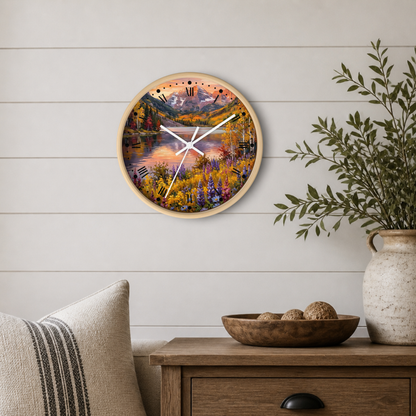 Round wall clock with a colorful landscape print of a lake, mountains, and wildflowers, framed in light wood, hanging on a white shiplap wall above a wooden side table with a vase and pillows.