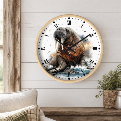 A round wall clock with a light wood frame hangs on a white shiplap wall above a wooden table. The clock face features a detailed illustration of a walrus sitting in water, with black Roman numerals and black clock hands.