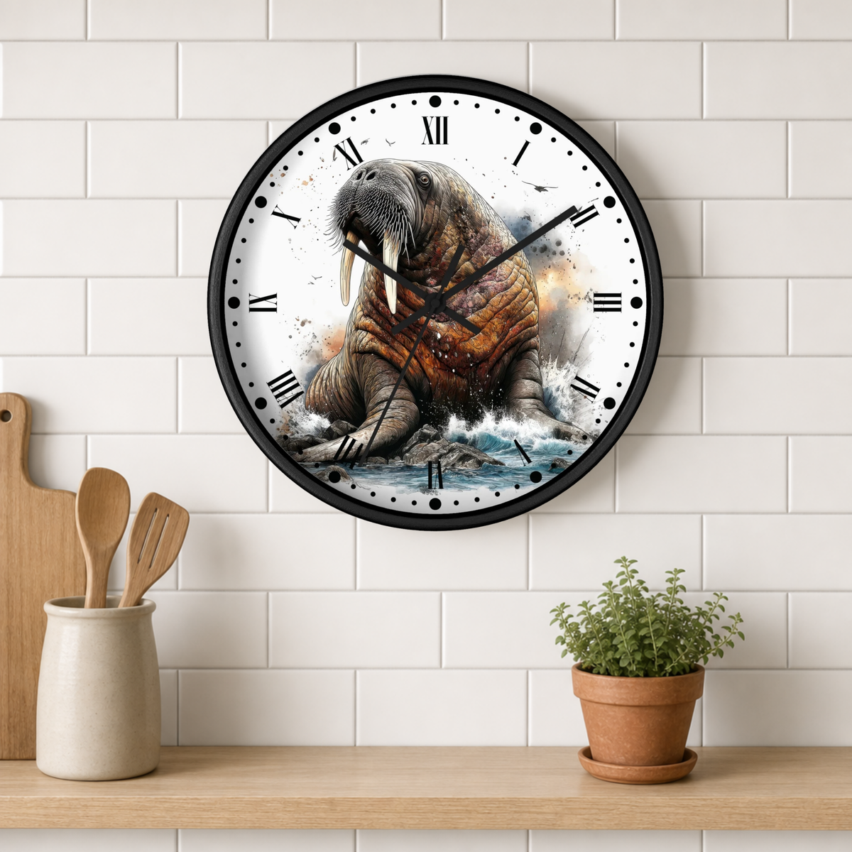 A round wall clock with a black frame hangs on a white subway-tile kitchen wall above a wooden shelf. The clock face features a detailed illustration of a walrus sitting on rocks in water, with Roman numerals and black hands.