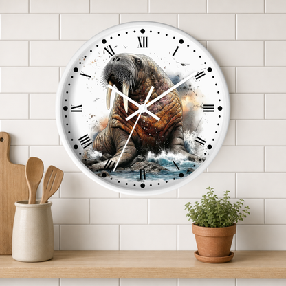 A round wall clock with a white face and Roman numerals, featuring a detailed illustration of a walrus sitting in ocean waves. The clock is mounted on a white subway-tile wall above a wooden shelf with a small potted plant and wooden utensils.