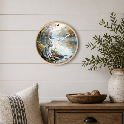 A round wall clock with a light wood frame hangs on a white shiplap wall above a wooden side table. The clock face features a painted autumn landscape with a gray tabby cat sitting by the water, colorful foliage, and a blue sky.