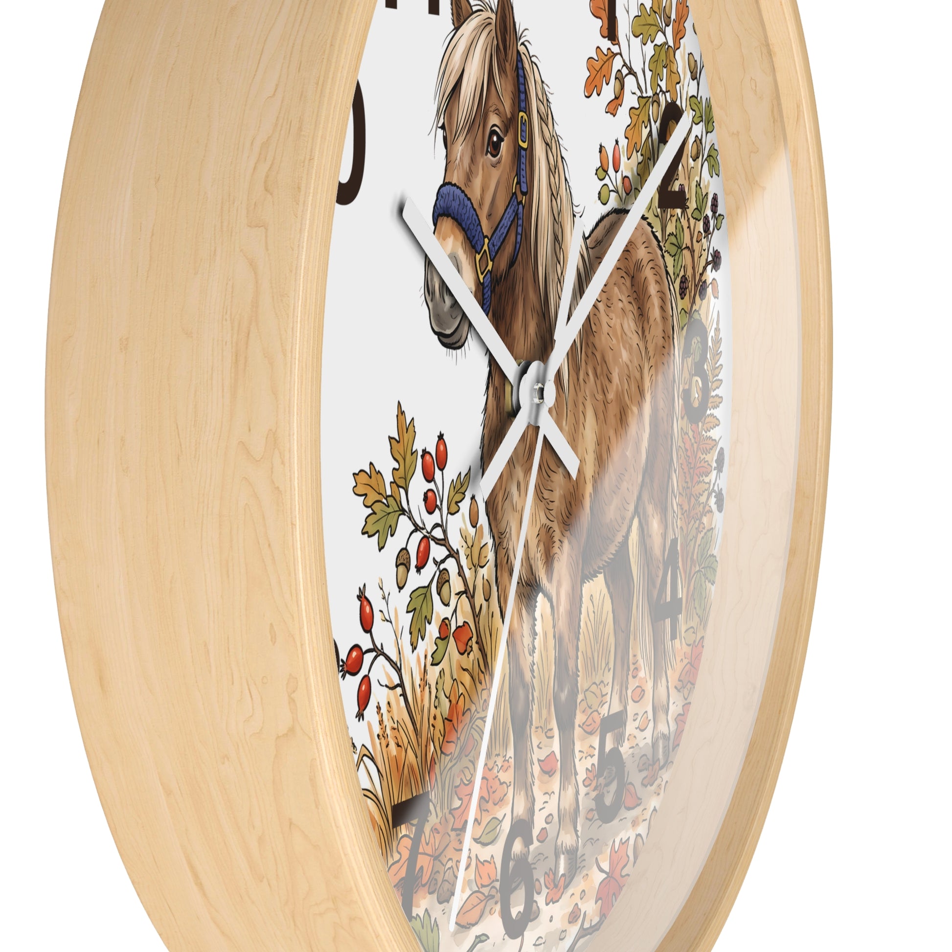 Round wall clock with a light natural wood frame and a printed horse illustration on the face, shown against a plain white background.