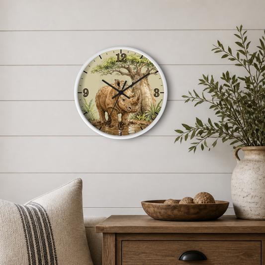 A round wall clock with a white frame and a safari-style rhinoceros illustration on the face, mounted on a light wood shiplap wall above a wooden side table with a vase and bowl.