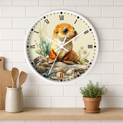 A round wall clock with a white frame and Roman numerals, featuring a detailed illustration of a seal pup sitting on a log with plants and rocks. The clock is mounted on a white subway tile wall above a wooden shelf with a small potted plant and wooden utensils.