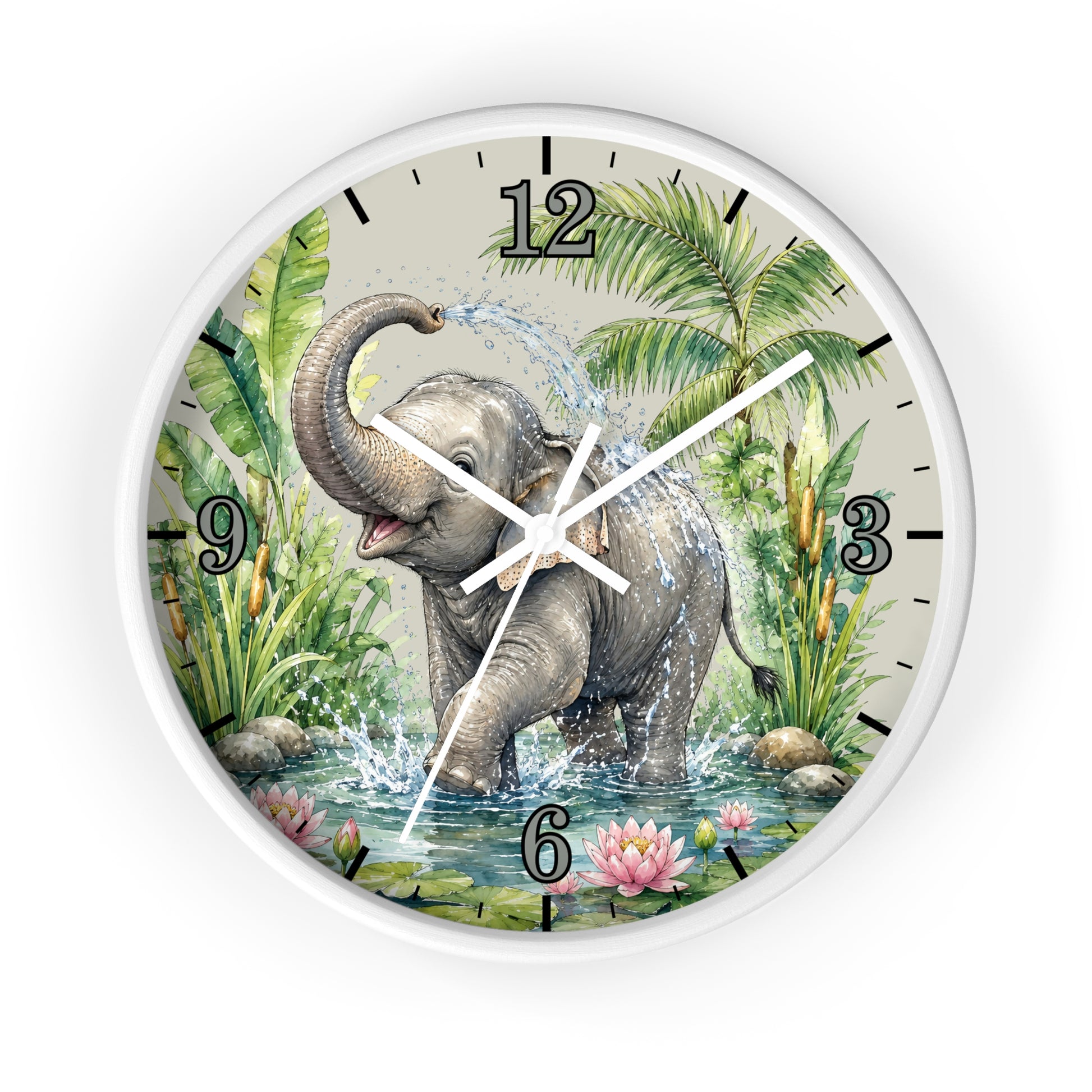 Round wall clock with a white frame and a printed illustration of a gray elephant standing in shallow water among tropical plants, with black Arabic numerals and white clock hands.