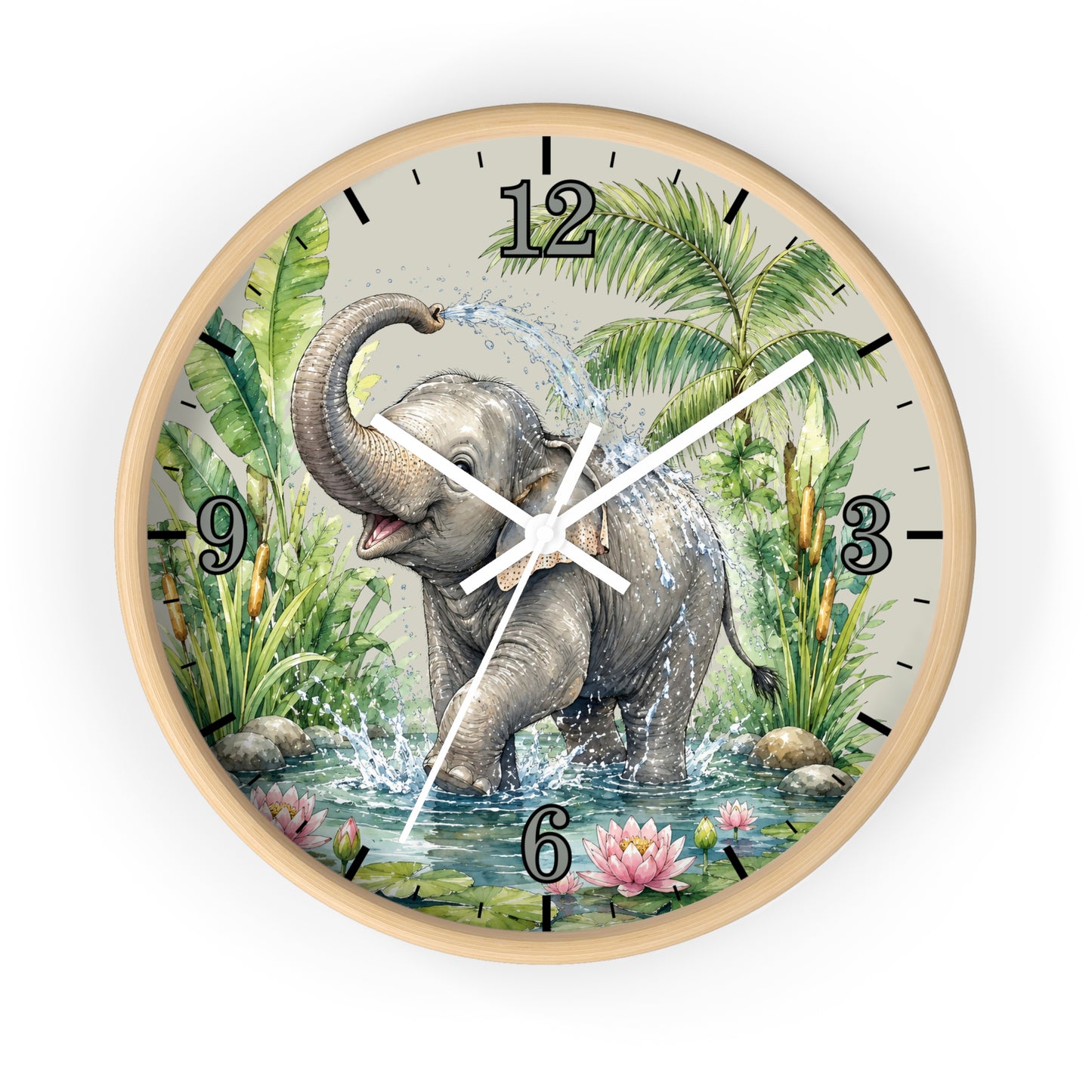 Round wall clock with a light wood frame featuring a colorful illustration of a baby elephant standing in water and spraying water with its trunk, surrounded by tropical plants and flowers.