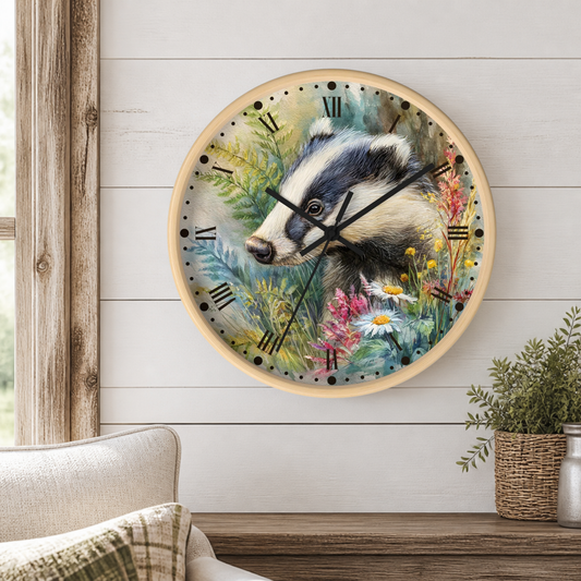 A round wall clock with a light wood frame and a detailed illustration of a badger surrounded by wildflowers, mounted on a white shiplap wall above a wooden table with a potted plant.