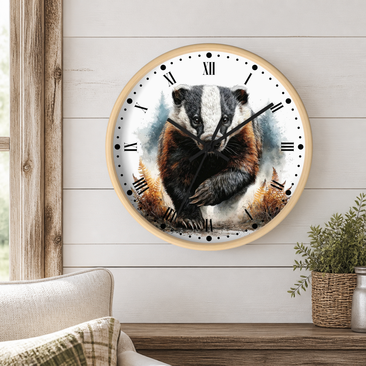 A round wall clock with a light wood frame hangs on a white shiplap wall above a wooden table. The clock face features a detailed illustration of a badger with black and white coloring and brown fur details, surrounded by soft blue and gray watercolor washes.