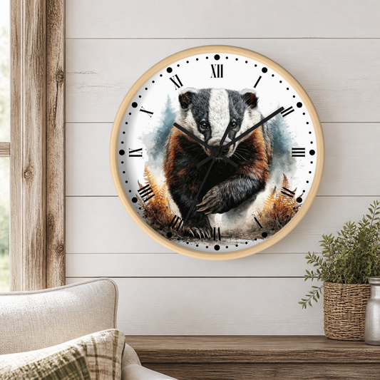 A round wall clock with a light wood frame hangs on a white shiplap wall above a wooden table. The clock face features a detailed illustration of a badger with black and white coloring and brown fur details, surrounded by soft blue and gray watercolor washes.