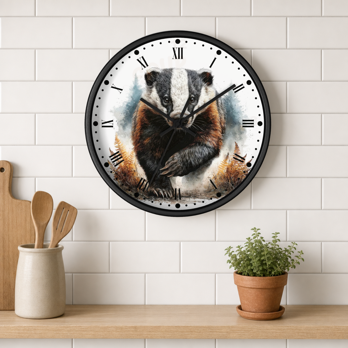 A round wall clock with a black frame hangs on a white subway tile wall above a wooden shelf. The clock face features a detailed illustration of a badger in brown, black, and white tones with Roman numerals.
