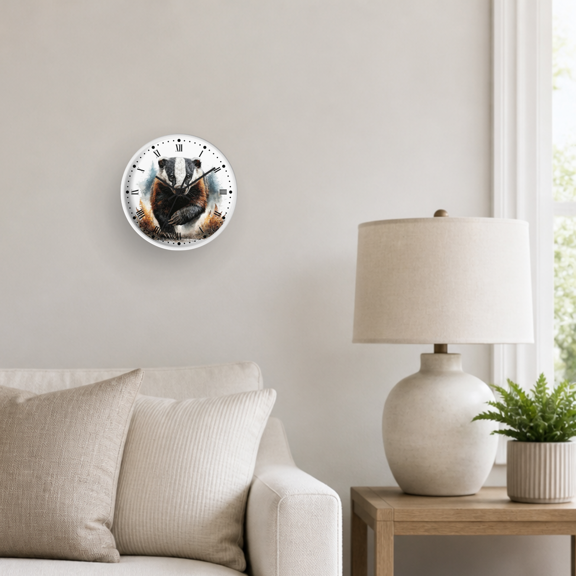 A round wall clock featuring a printed badger illustration, mounted on a light beige wall in a styled living room setting next to a lamp and sofa.