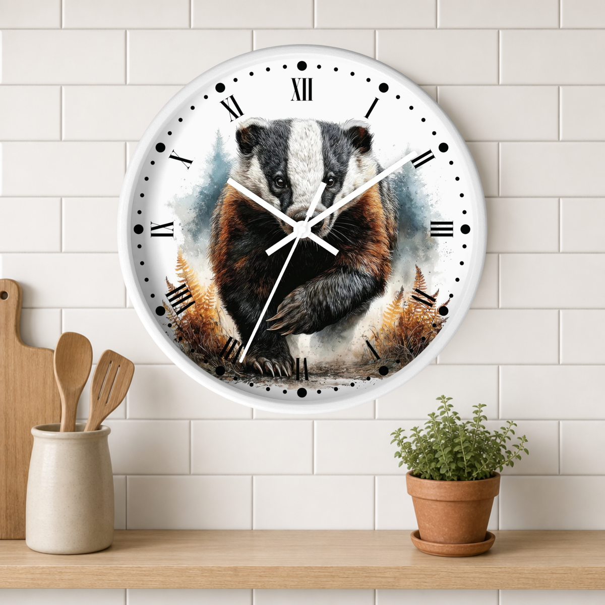 A round wall clock with a watercolor-style badger illustration on the face, mounted on a white subway-tile wall above a wooden shelf with kitchen utensils and a small potted plant.