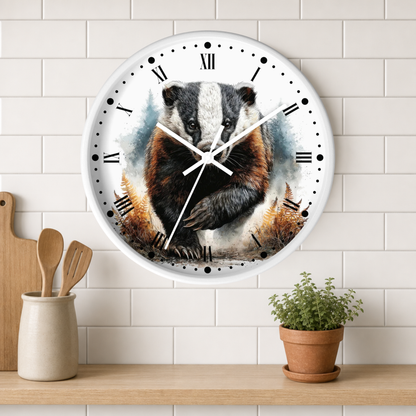 A round wall clock with a watercolor-style badger illustration on the face, mounted on a white subway-tile wall above a wooden shelf with kitchen utensils and a small potted plant.