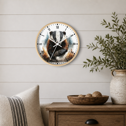 A round wall clock with a wood-grain frame and a printed badger face, styled on a light wood-paneled wall above a wooden side table with a plant and decorative bowl.