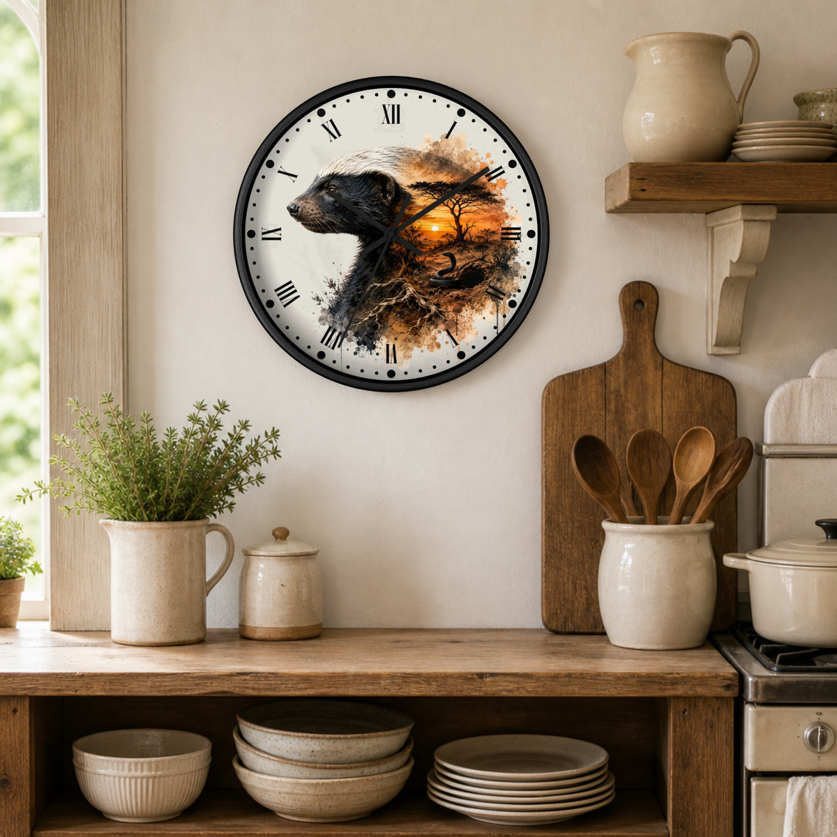 A round wall clock with a black frame and a printed badger portrait over a warm sunset landscape, hanging on a beige wall in a rustic kitchen setting with wooden shelves, ceramic dishes, and a cutting board.