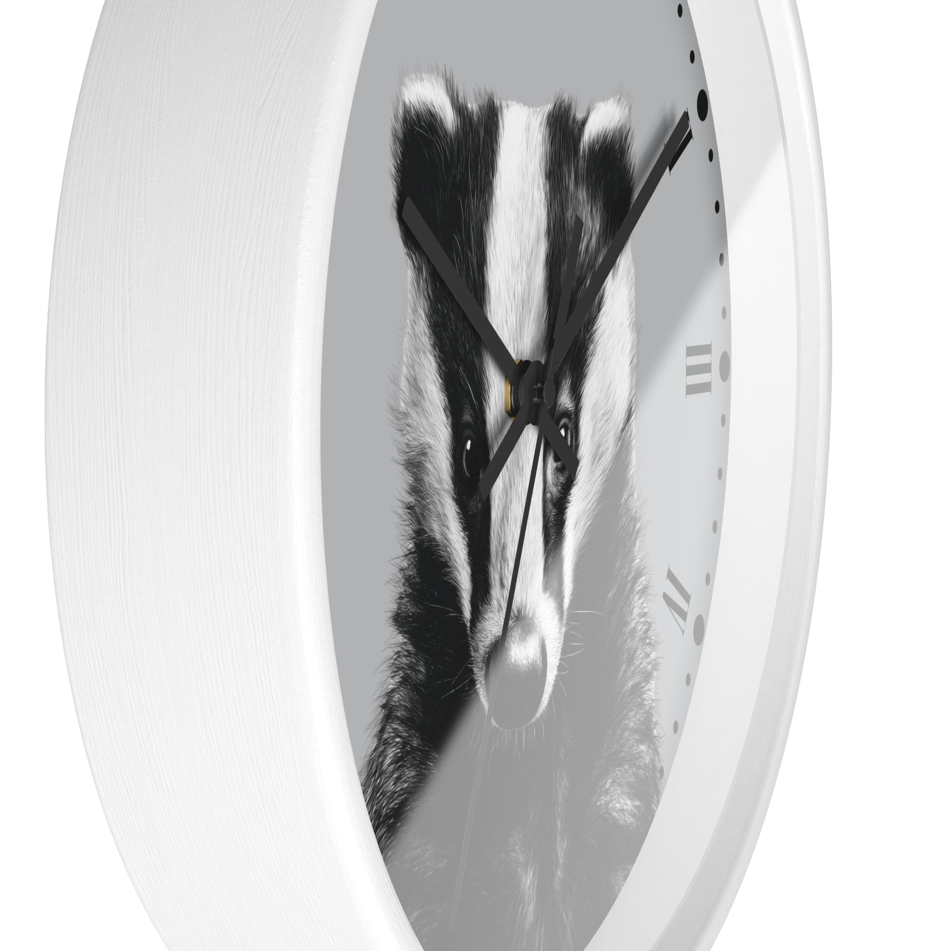 A white oval wall clock featuring a black and white photograph of a badger face in the center, with black hands and Roman numeral hour markers.