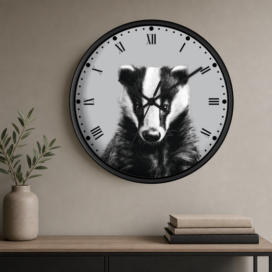 A round wall clock with a black frame and a black-and-white badger print on the face, mounted on a beige wall above a wooden console table with a vase and books.