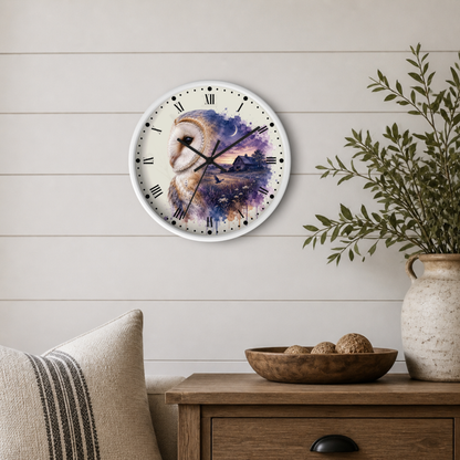 A round wall clock with a white frame and black Roman numerals, featuring a painted owl and landscape scene in purple, blue, and cream tones. The clock is mounted on a light beige shiplap wall above a wooden side table with a bowl, decorative pillow, and potted plant.