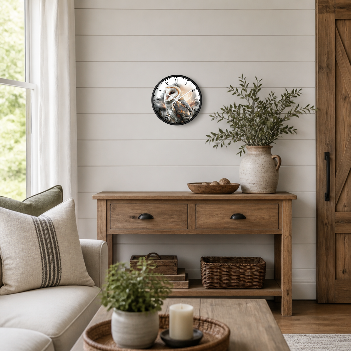 A round wall clock with a rustic black frame and a colorful graphic of a barn owl on the face, styled on a white shiplap wall above a wooden console table in a cozy living room.