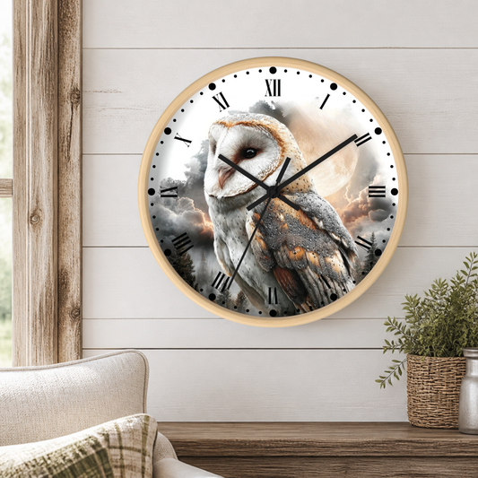 A round wall clock with a light wood frame and a printed barn owl design on the face, mounted on a white shiplap wall above a wooden console table with a plant and part of a sofa visible.