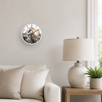 A round wall clock featuring a detailed barn owl illustration, mounted on a light beige wall in a modern living room setting next to a lamp and sofa.