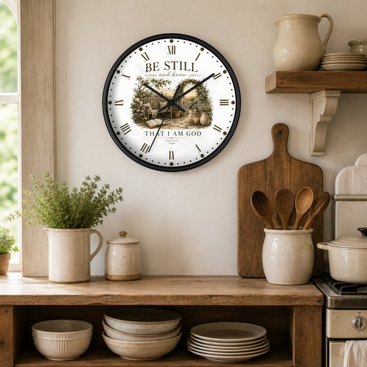 A round wall clock with a black frame and a white face featuring the words 'BE STILL and know THAT I AM GOD' above a rustic barn illustration, displayed in a warm, rustic kitchen setting.