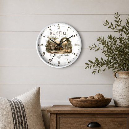 A round wall clock with a white face and black Roman numerals, featuring a rustic illustration and the words 'BE STILL' and 'THAT I AM GOD,' shown mounted on a light wood shiplap wall above a wooden side table with a vase of greenery.