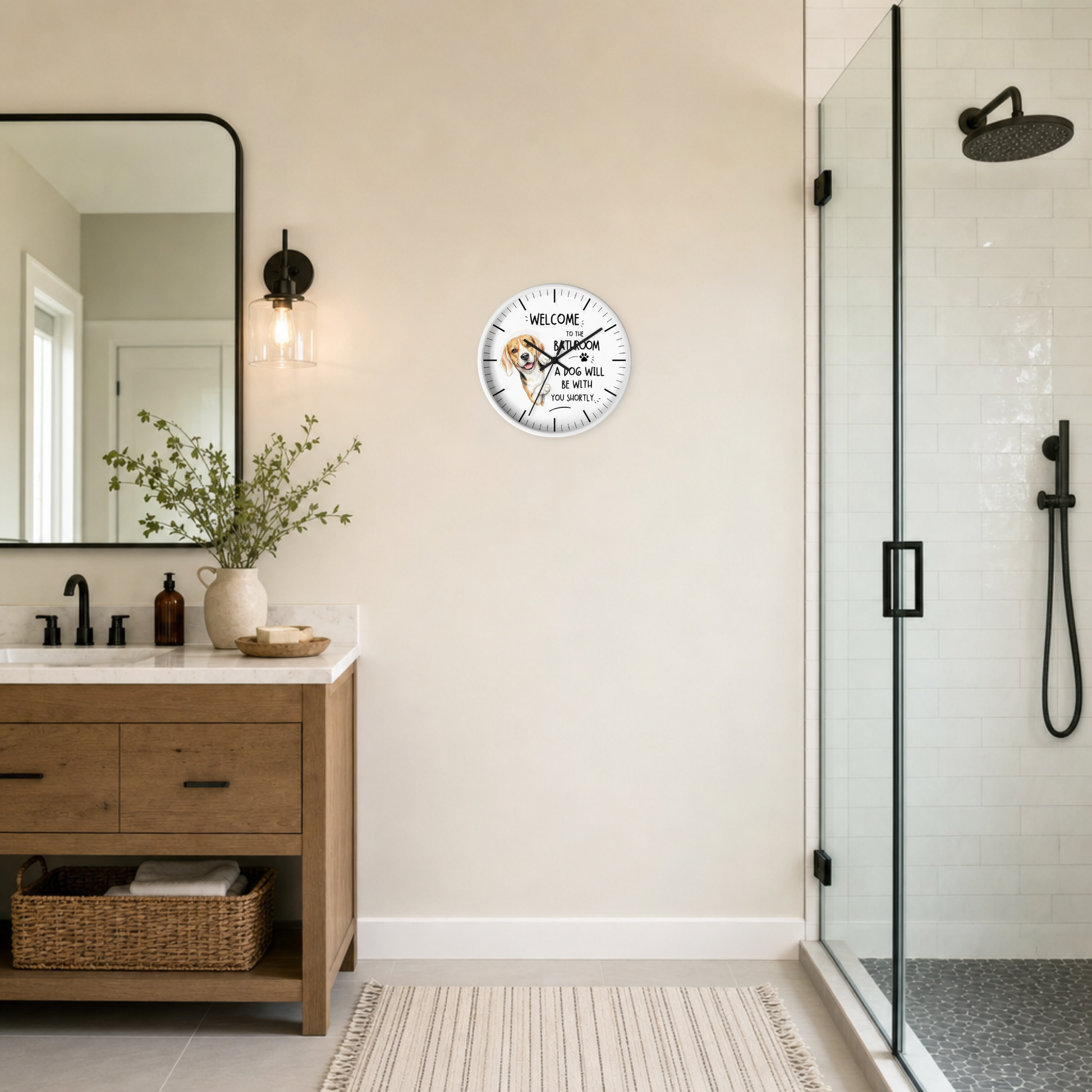 A round white wall clock with black hands, a beagle dog illustration, and text reading 'WELCOME TO TO THE BATHROOM A DOG WILL BE WITH YOU SHORTLY' hangs on a beige wall in a modern bathroom. To the left is a wooden vanity with a mirror and black faucet, and to the right is a glass shower door.