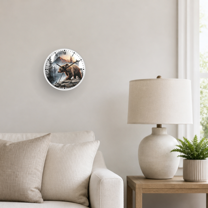 A round wall clock featuring a scenic print of a brown bear in a forest, styled on a light beige wall above a sofa next to a table lamp and a small potted plant.