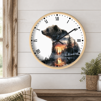 Bear Silhouette Wall Clock — Mountain Sunset Forest Double Exposure Decor
