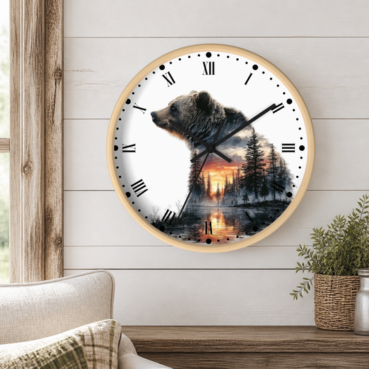 Bear Silhouette Wall Clock — Mountain Sunset Forest Double Exposure Decor