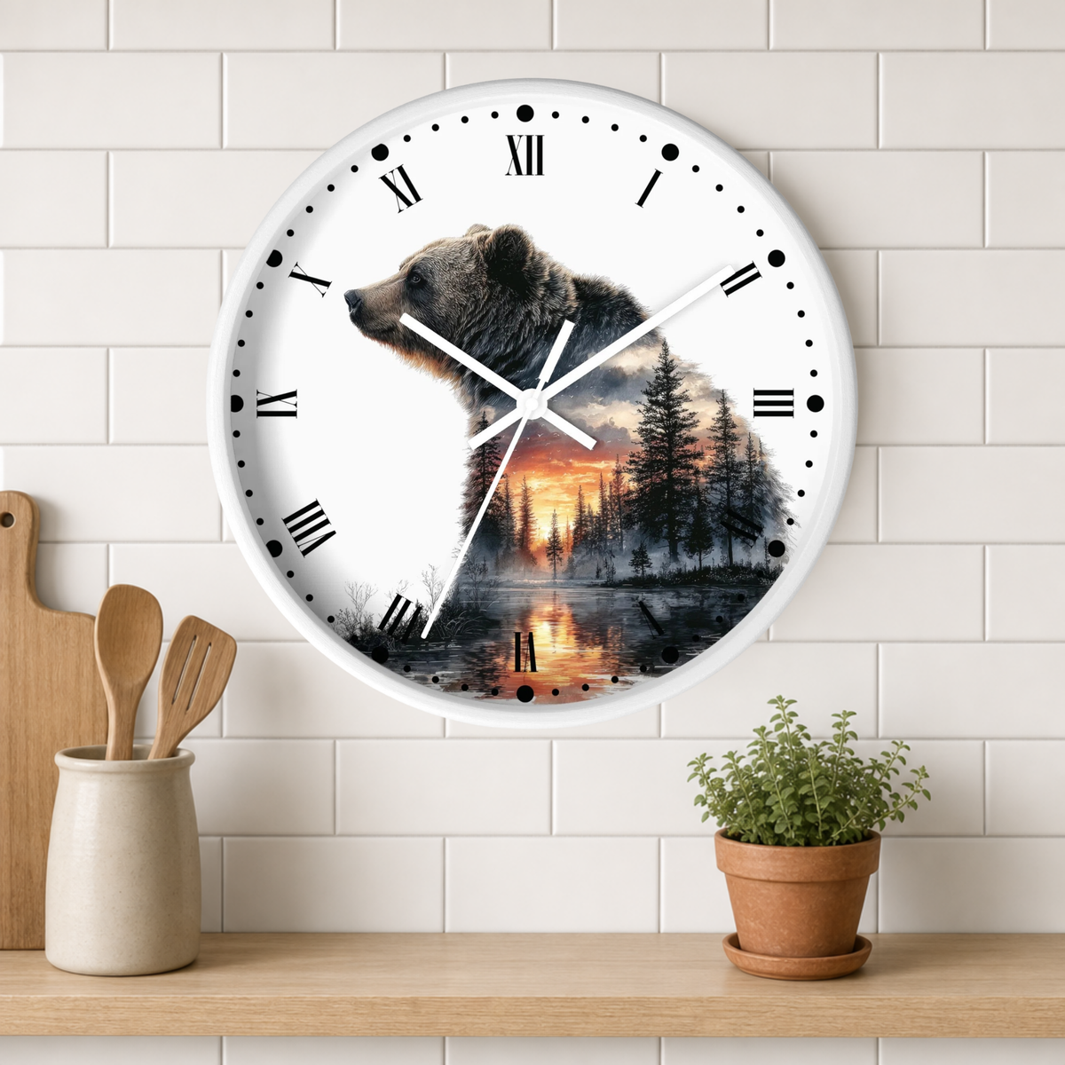 Bear Silhouette Wall Clock — Mountain Sunset Forest Double Exposure Decor