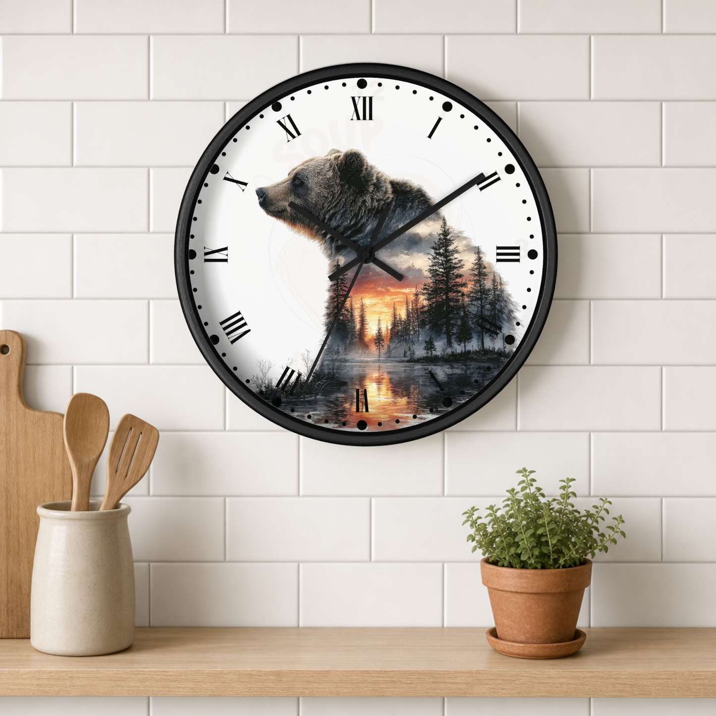 Bear Silhouette Wall Clock — Mountain Sunset Forest Double Exposure Decor