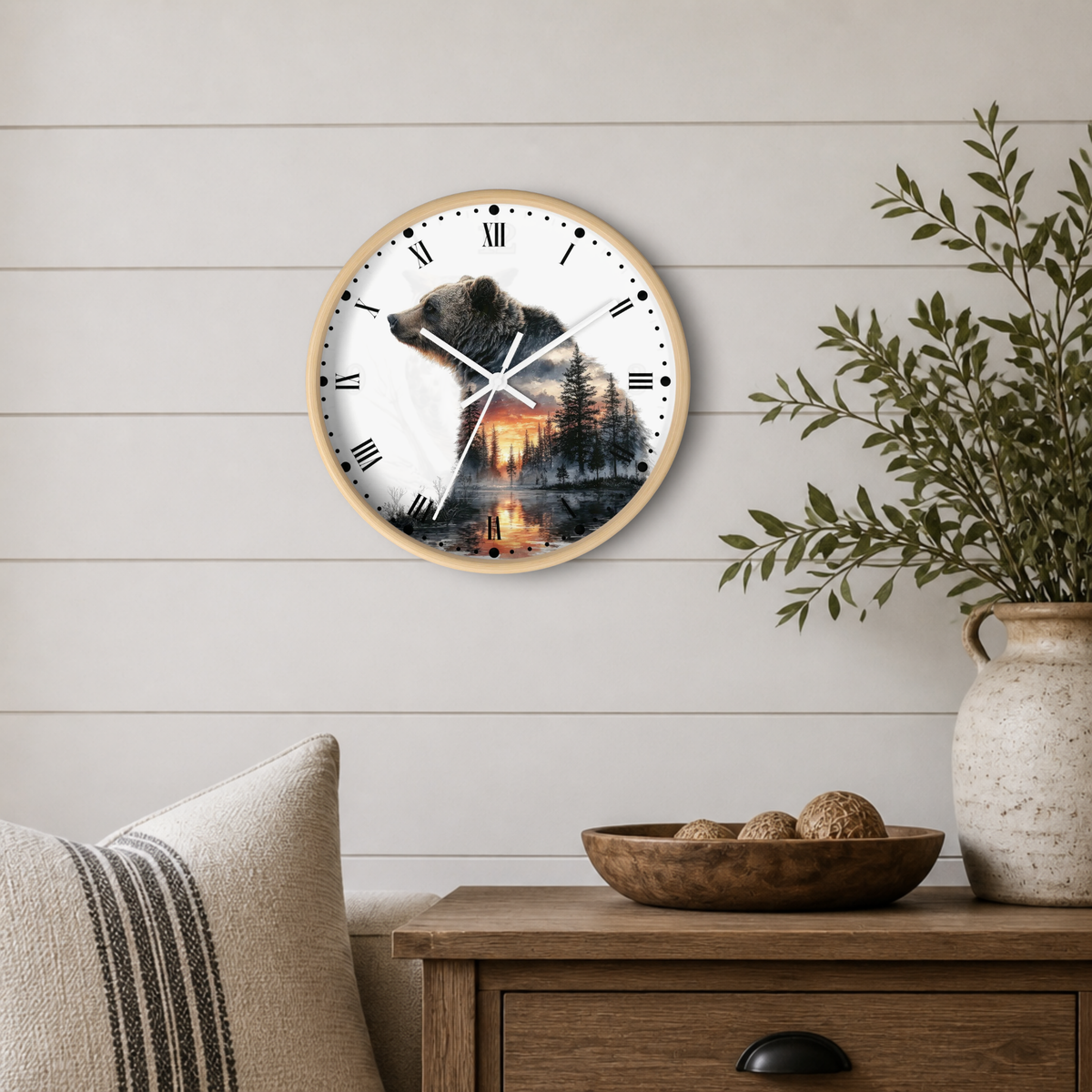 Bear Silhouette Wall Clock — Mountain Sunset Forest Double Exposure Decor