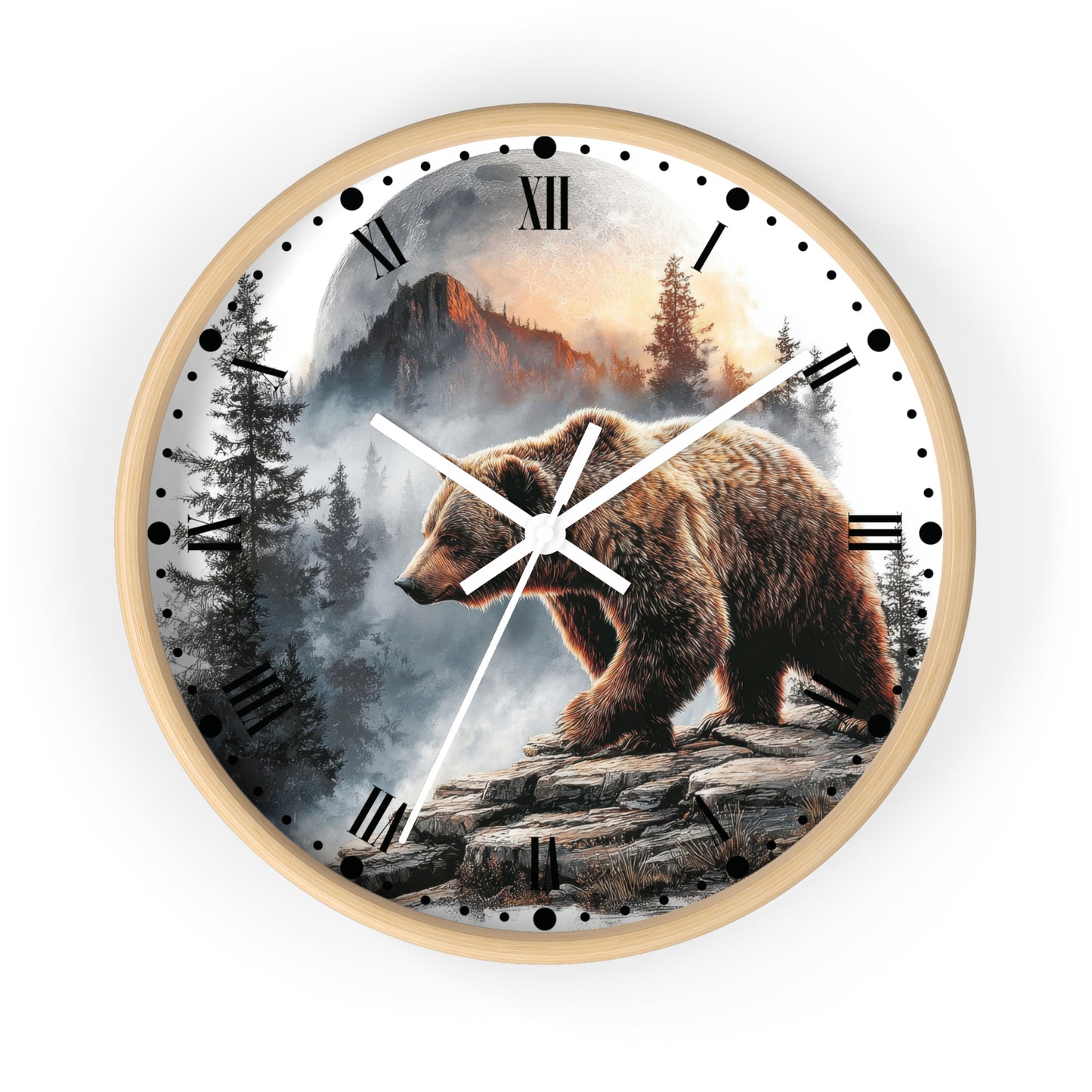 Round wall clock with a light wood frame and a printed scenic dial showing a brown bear on a rocky cliffside with misty mountains and trees behind it. The clock face has black Roman numerals and white hands, photographed on a plain white background.